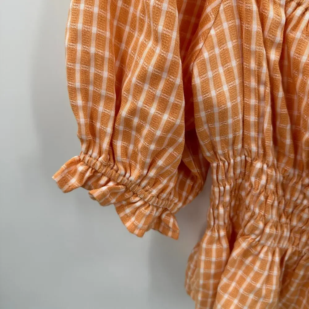 ASTR THE LABEL NWT Orange Plaid  Check Puff Sleeve Smocked Blouse // M